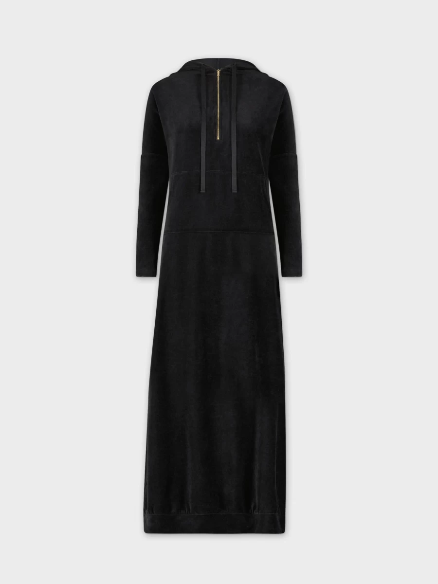 MELI Women's Black Velour Hoodie Maxi Dress - Long Sleeve Comfortable Lounge Wear