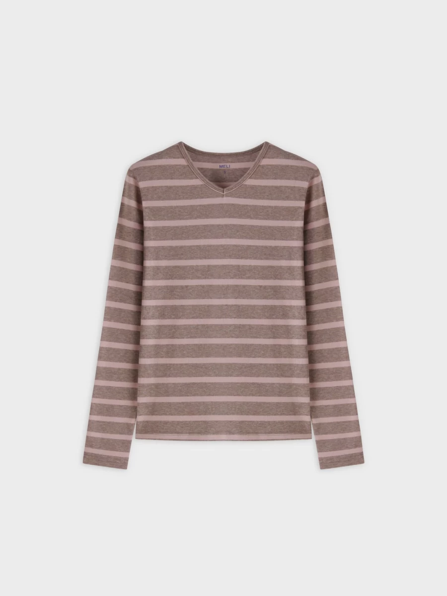 MELI Women's Thin Stripe High V-Neck T-Shirt - Heather Tan & Pink Casual Tee