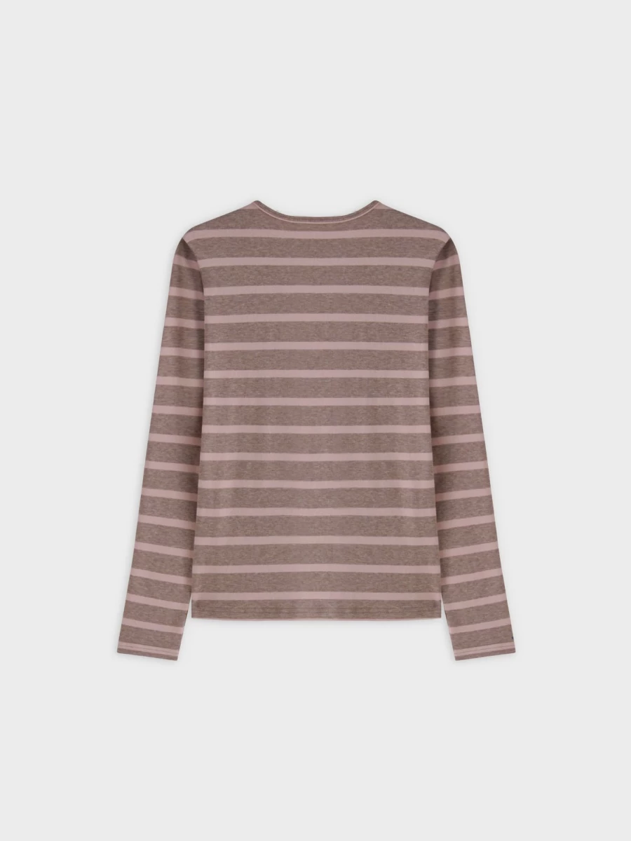 MELI Women's Thin Stripe High V-Neck T-Shirt - Heather Tan & Pink Casual Tee