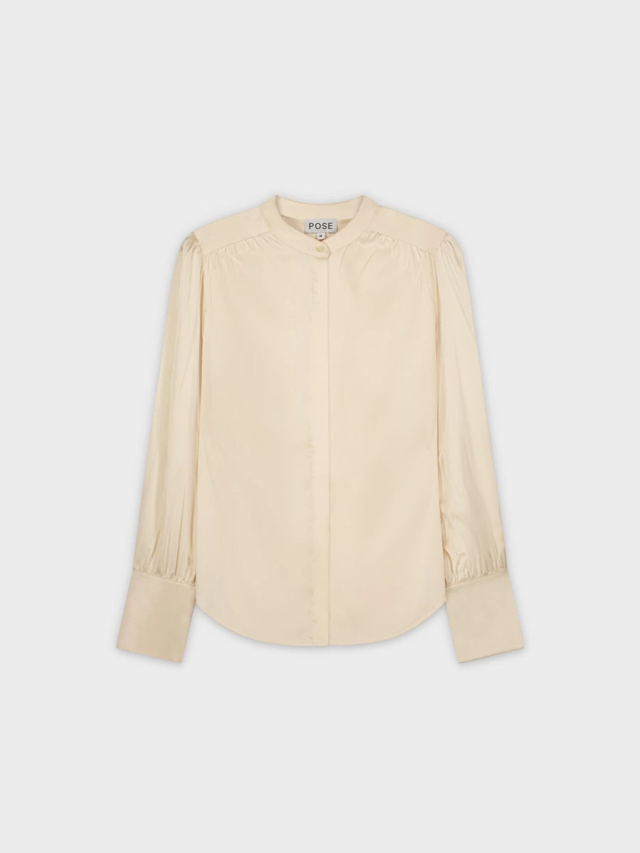 POSE Women's Cream Satin Blouse - Elegant Long Sleeve Shirt for Ladies