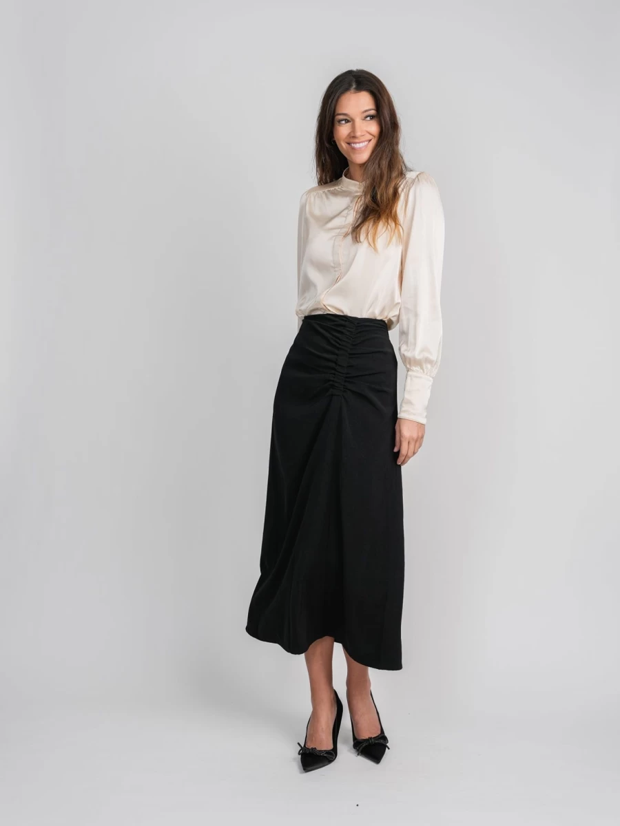 POSE Women's Cream Satin Blouse - Elegant Long Sleeve Shirt for Ladies
