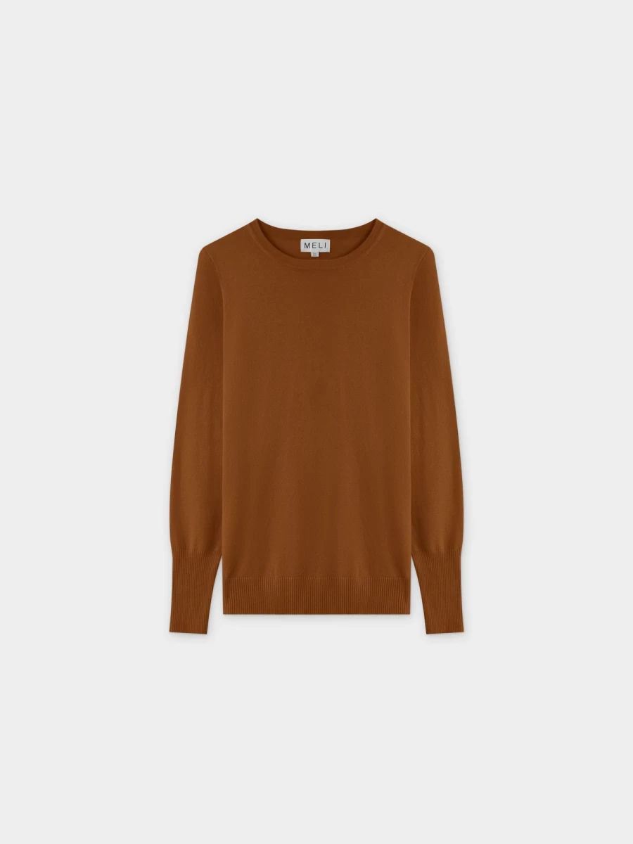 MELI Women's Basic Long Sleeve Crewneck Sweater - Brown Casual Comfort Knit Top