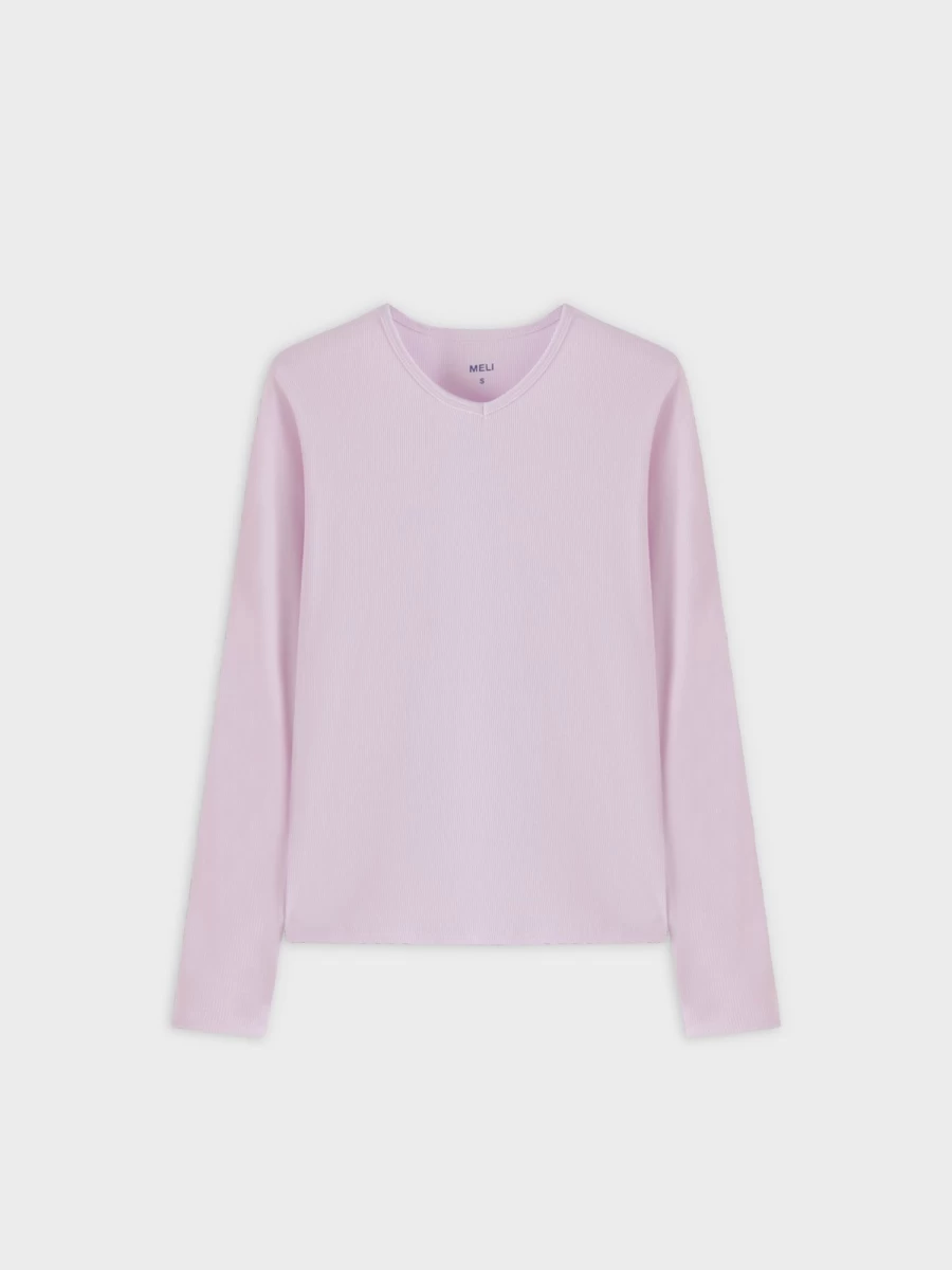 MELI Women's High V-Neck Ribbed Long Sleeve Tee in Lavender