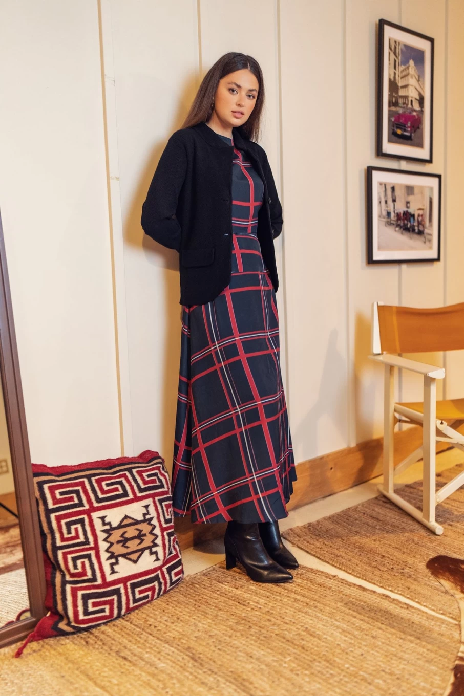 POSE Women's Yolk Jumper - Navy & Maroon Plaid Knit Sweater Vintage Style