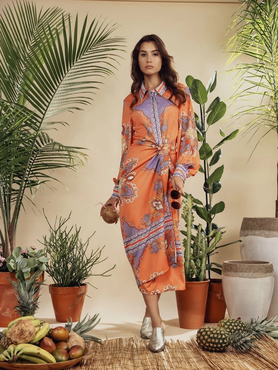 MEENA Women's Orange Bandana Print Wrap Shirtdress - Stylish Casual Dress