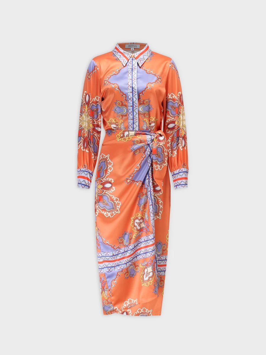 MEENA Women's Orange Bandana Print Wrap Shirtdress - Stylish Casual Dress