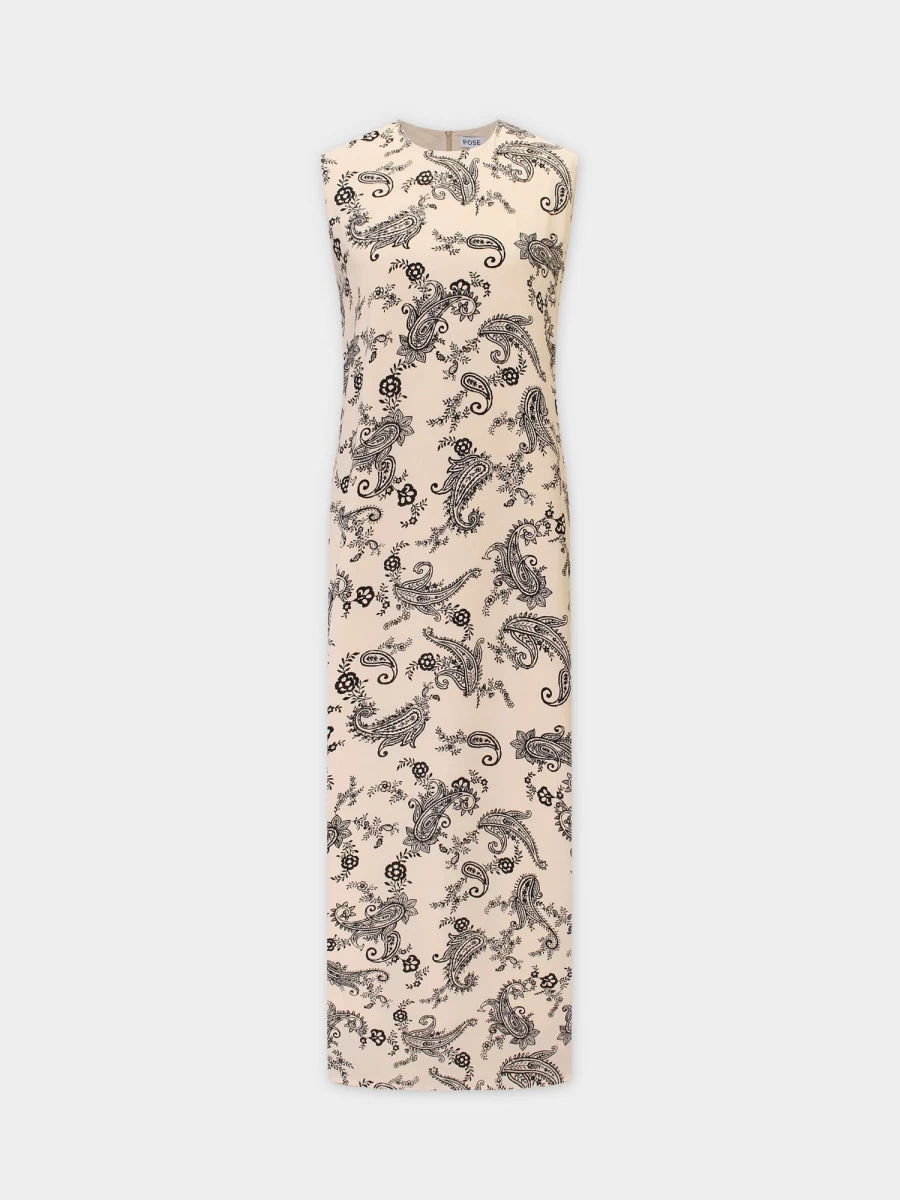 Pose Women's Sleeveless Crew Neck Paisley Print Dress - Bone