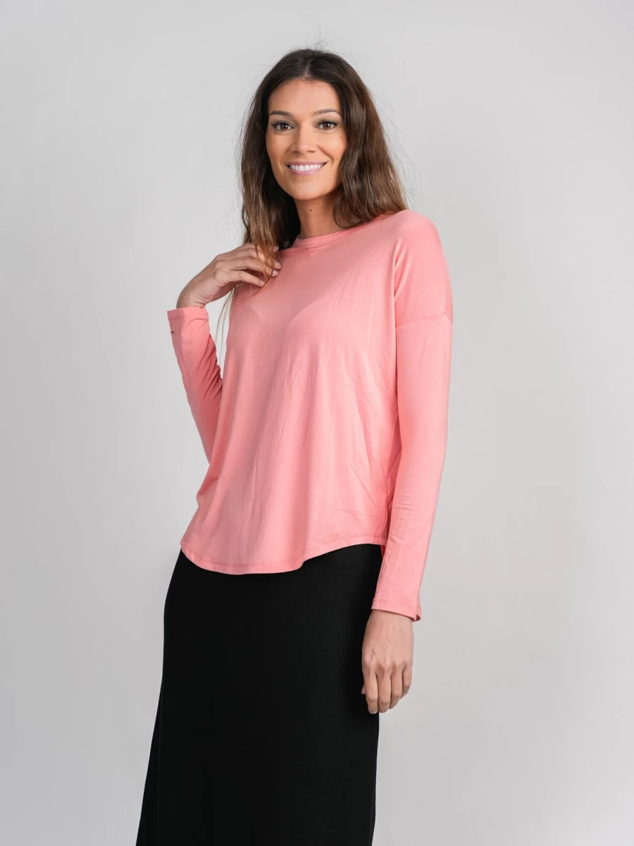 MELI Women's Long Sleeve Swing Tee - Soft Pink Relaxed Fit Top