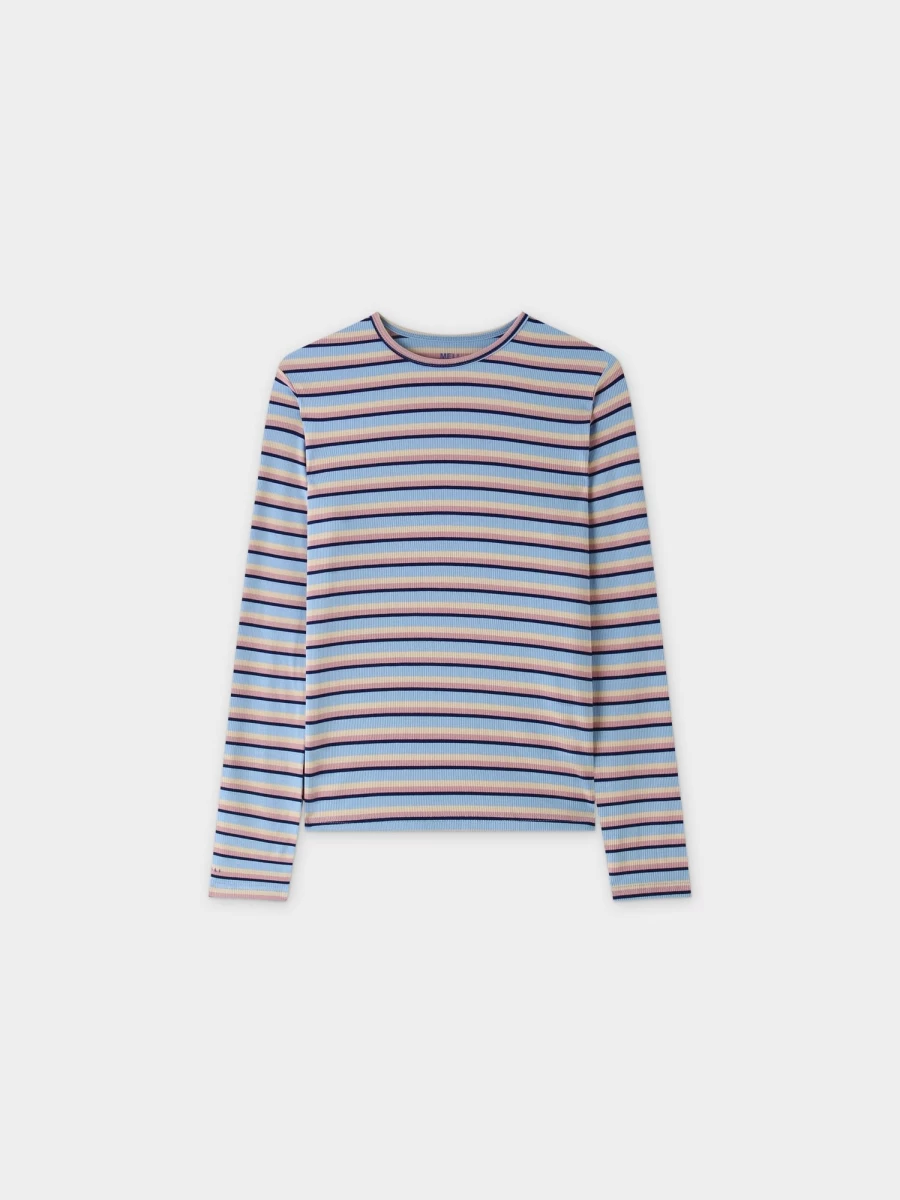 MELI Women's Striped Ribbed Crew Neck Sweater - Blue, Pink & Tan Color Options
