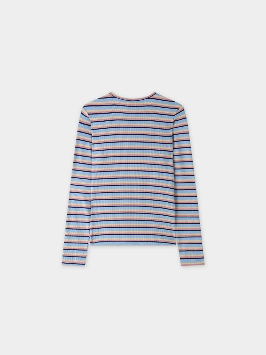 MELI Women's Striped Ribbed Crew Neck Sweater - Blue, Pink & Tan Color Options