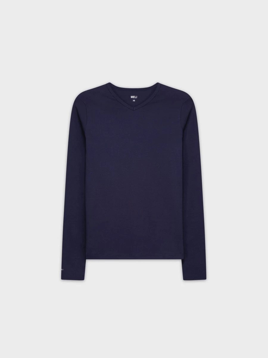 MELI Women's Basic High V-Neck Long Sleeve T-Shirt in Navy Blue