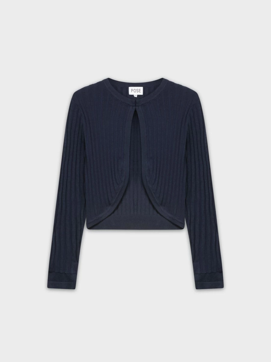 POSE Women's Navy Ribbed Shrug - Elegant Knit Cardigan for Stylish Layering
