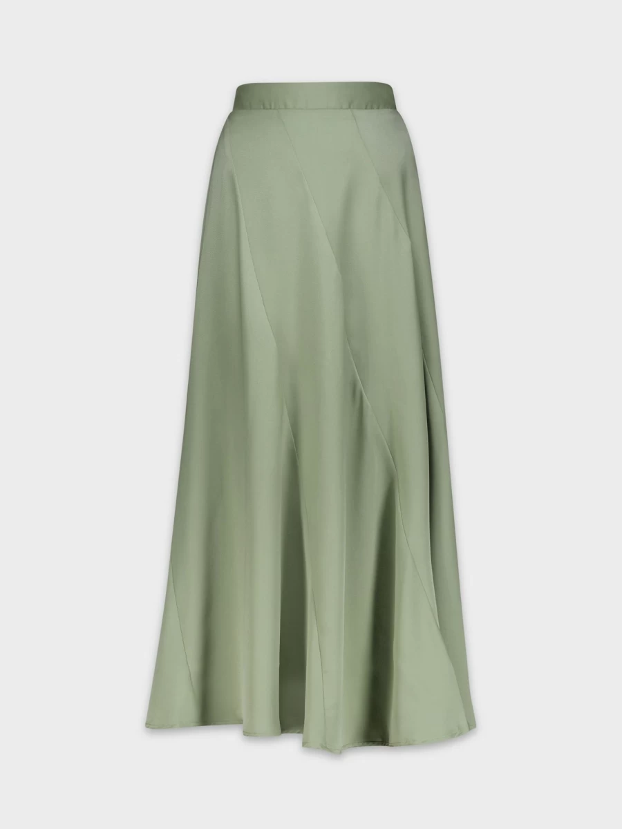SOLEI Women's Sage Green Full Satin Skirt - Elegant High Waist A-Line Midi Skirt for Women