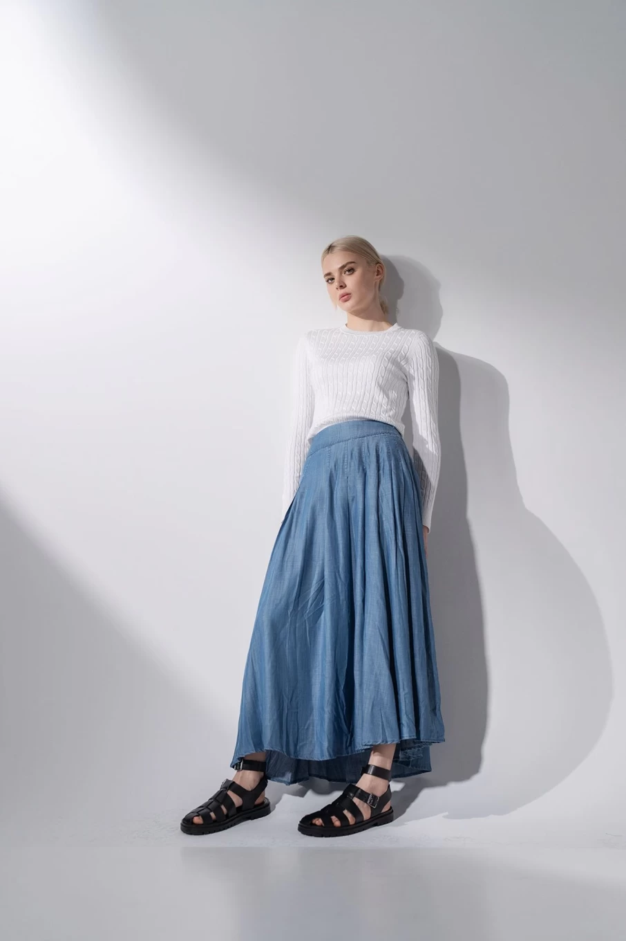 MELI Women's Blue Chambray Denim Pleated Skirt - Stylish Casual A-Line Midi Skirt