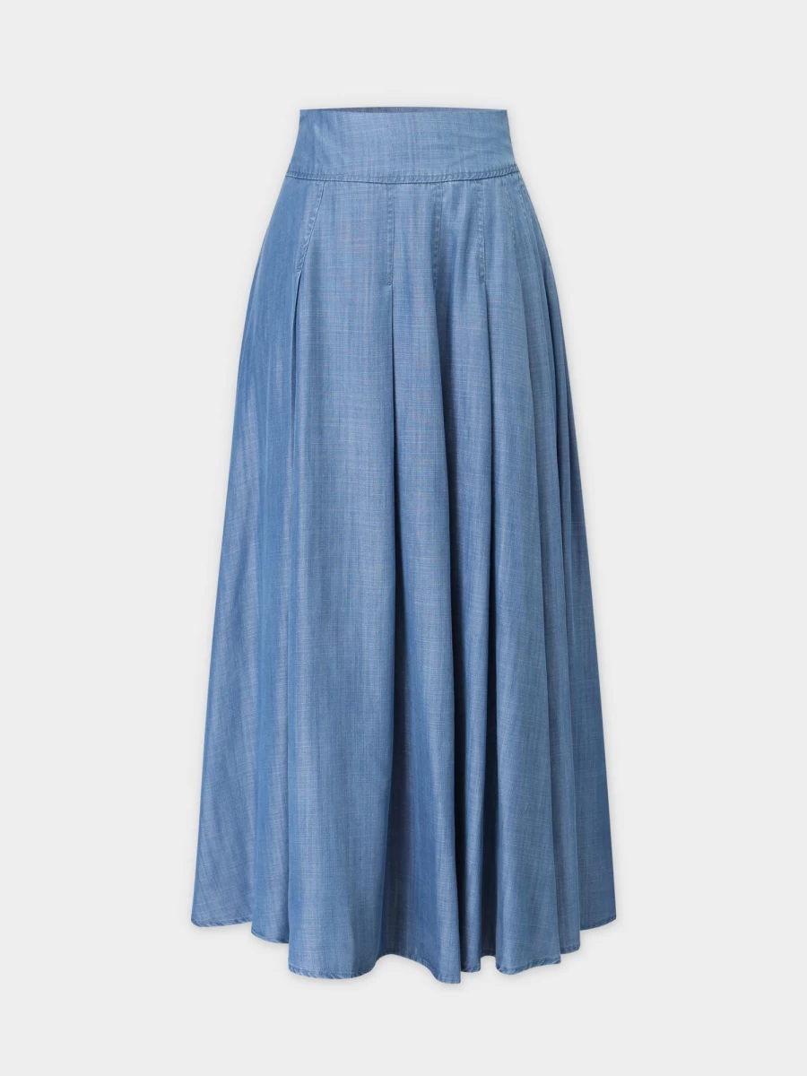 MELI Women's Blue Chambray Denim Pleated Skirt - Stylish Casual A-Line Midi Skirt