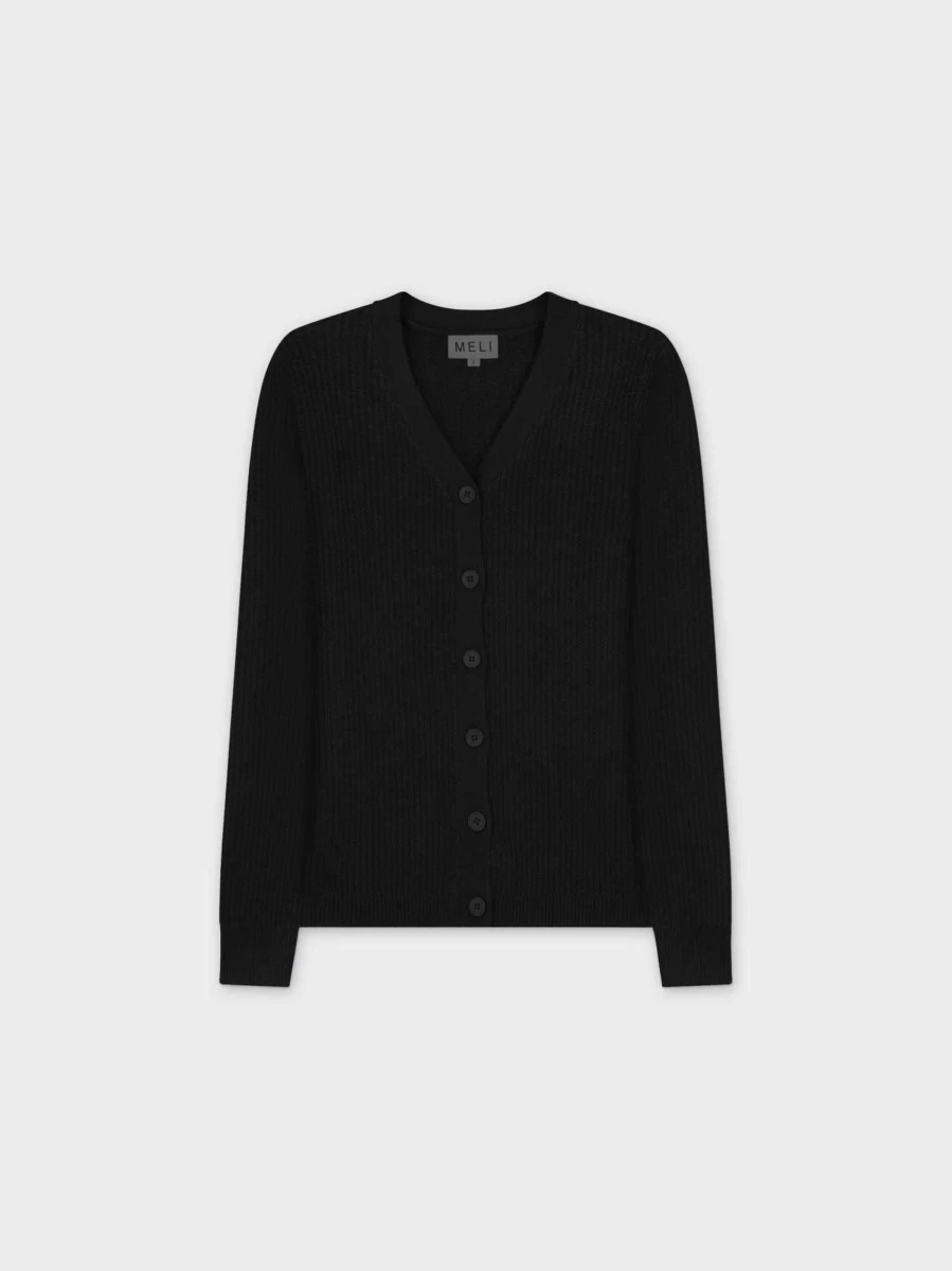 MELI Women's Waffle Knit Classic Cardigan - Black Heather Cozy Sweater