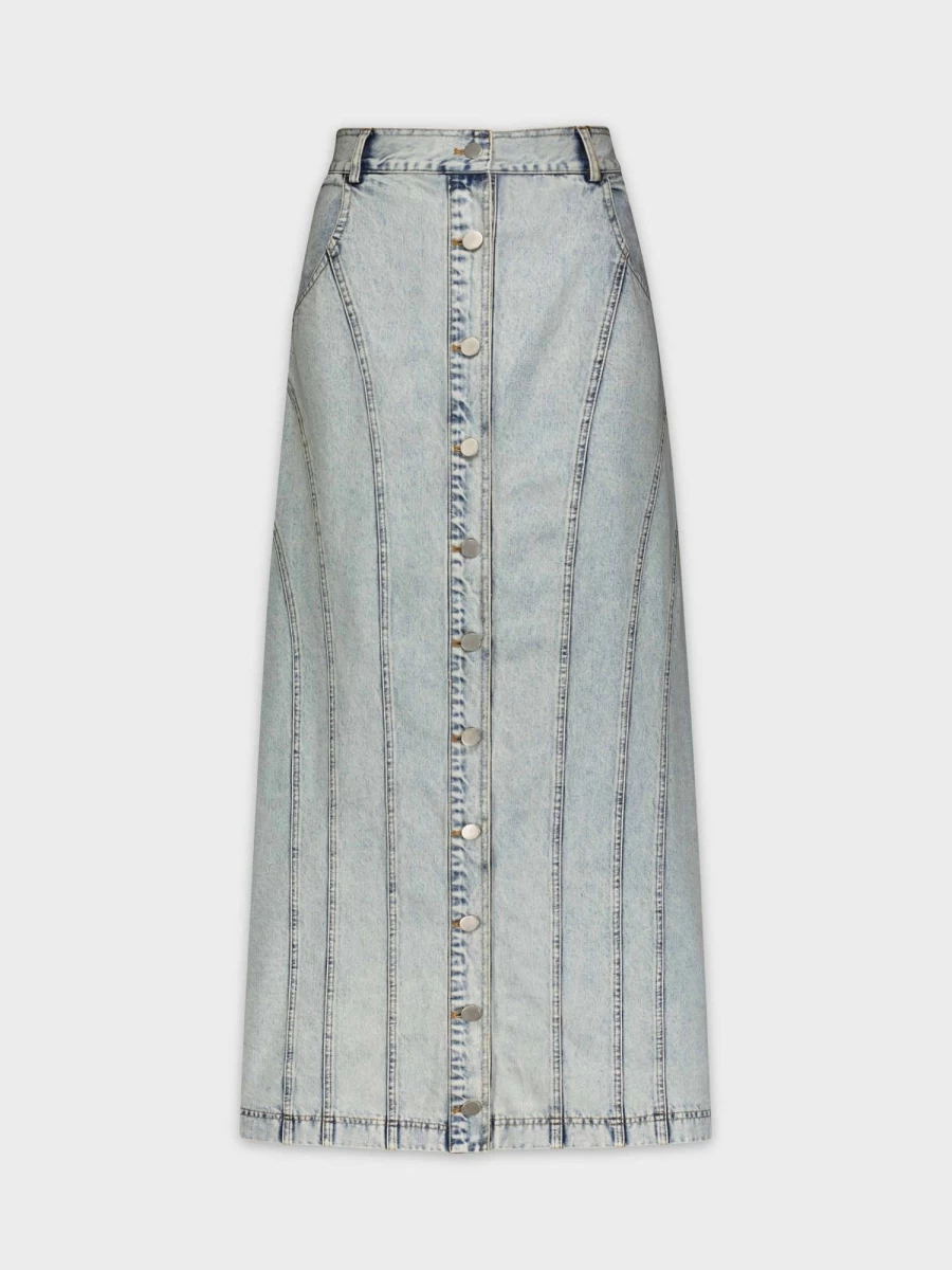 MELI Women's Stone Wash Denim Button Down Skirt with Seamed Detail