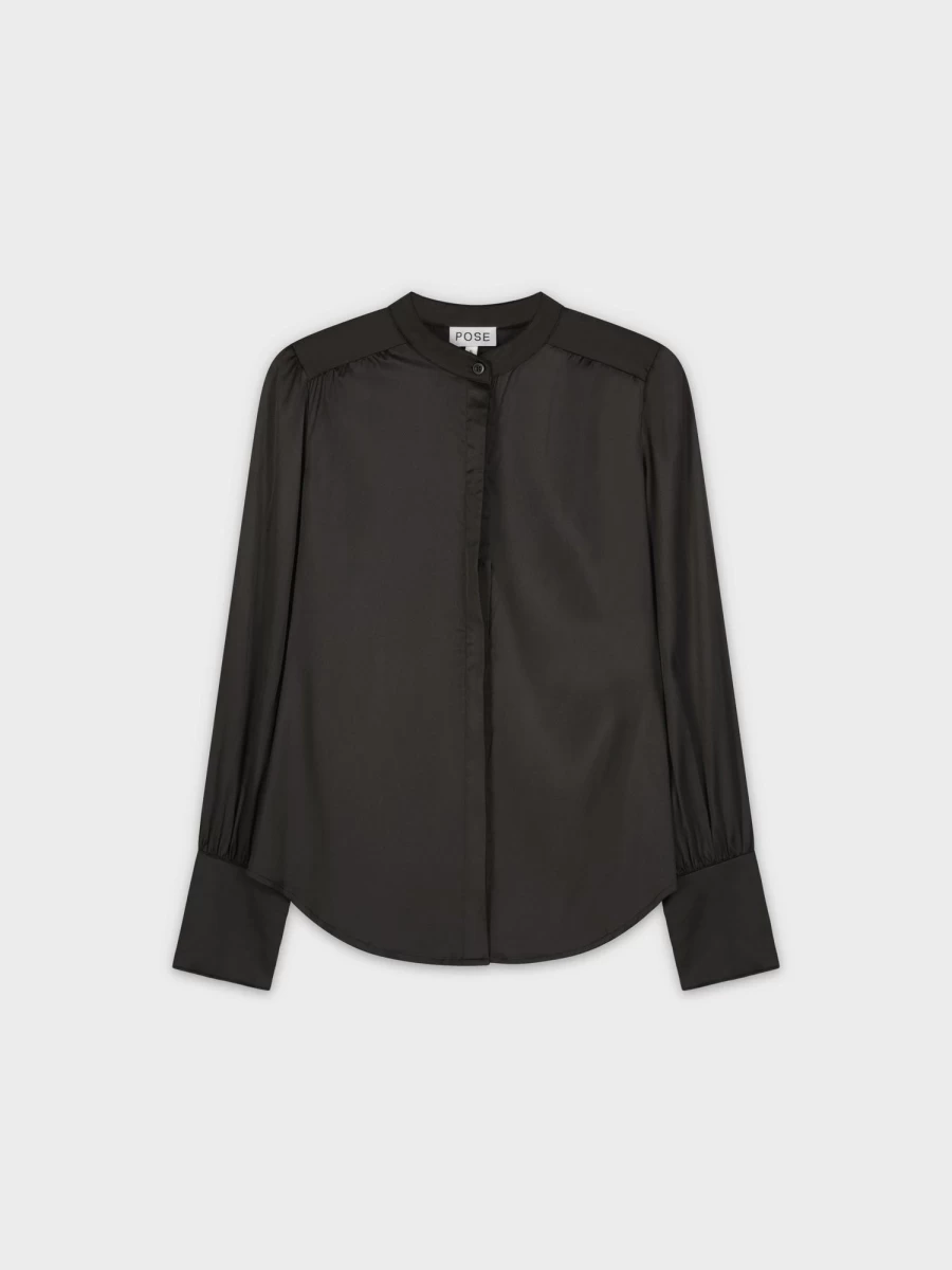 POSE Women's Elegant Black Satin Blouse - Soft Shiny Comfortable Tops