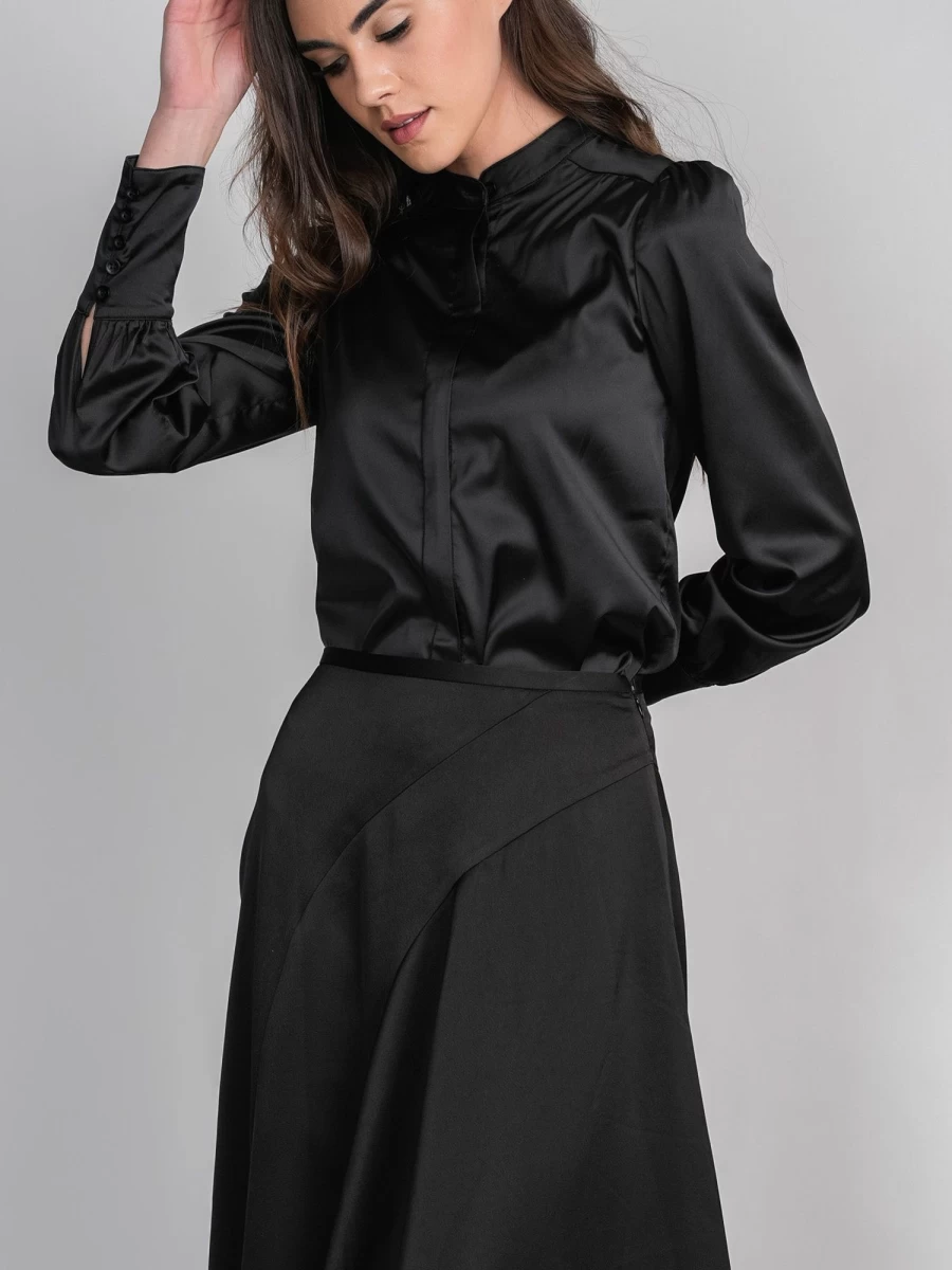 POSE Women's Elegant Black Satin Blouse - Soft Shiny Comfortable Tops