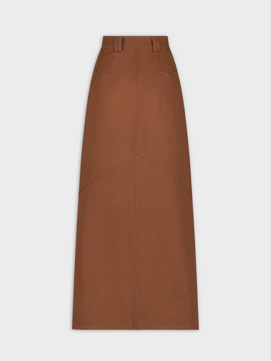 MELI Women's Brown Denim Skirt with Stitched Detail - High Waisted A-Line Vintage Style