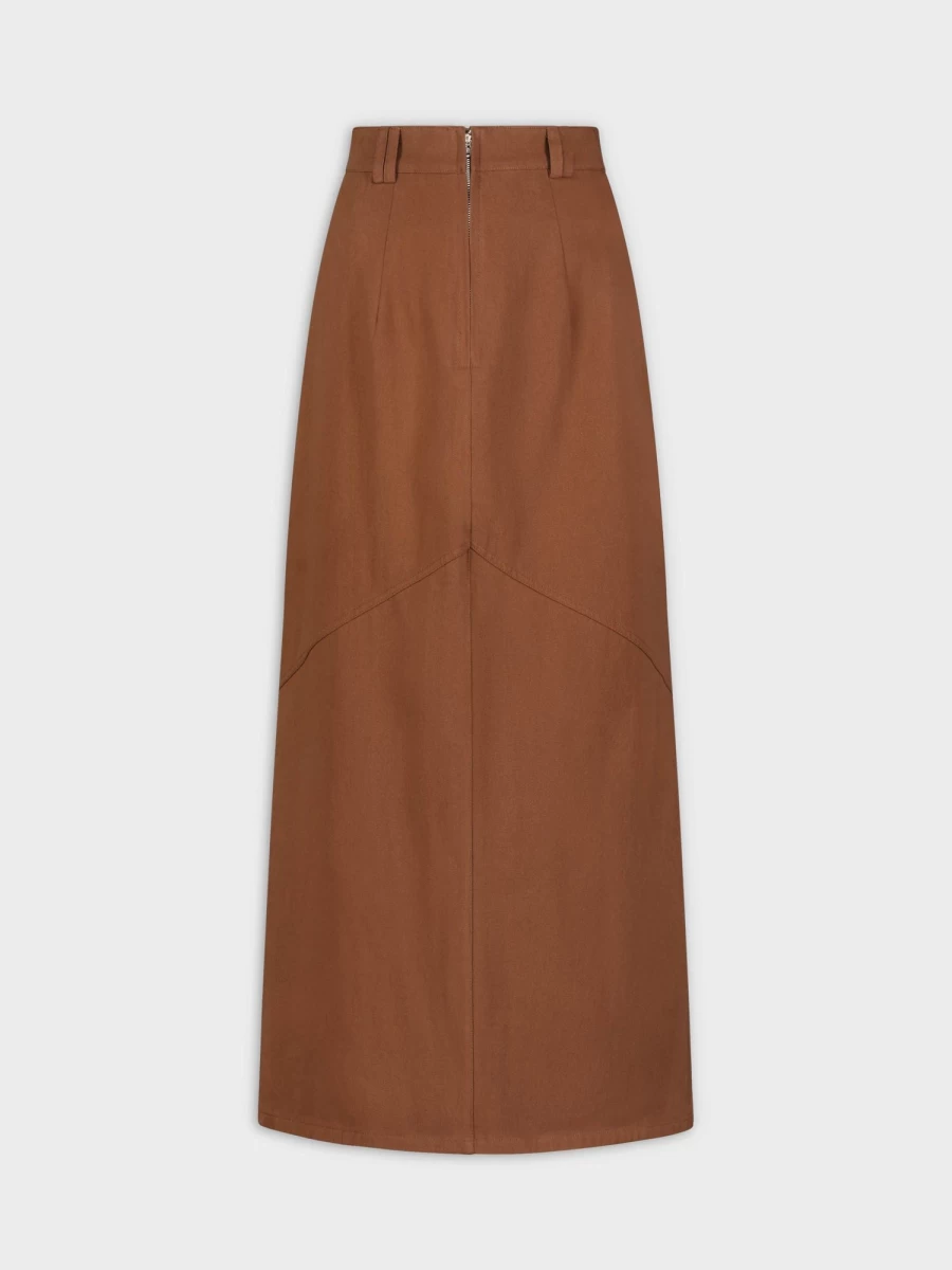MELI Women's Brown Denim Skirt with Stitched Detail - High Waisted A-Line Vintage Style