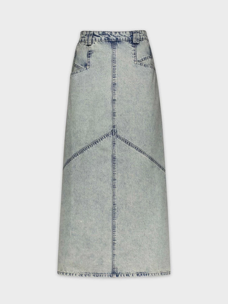 MELI Women's Stone Washed Blue Denim Skirt - Vintage Distressed Mid-Length Jean Skirt