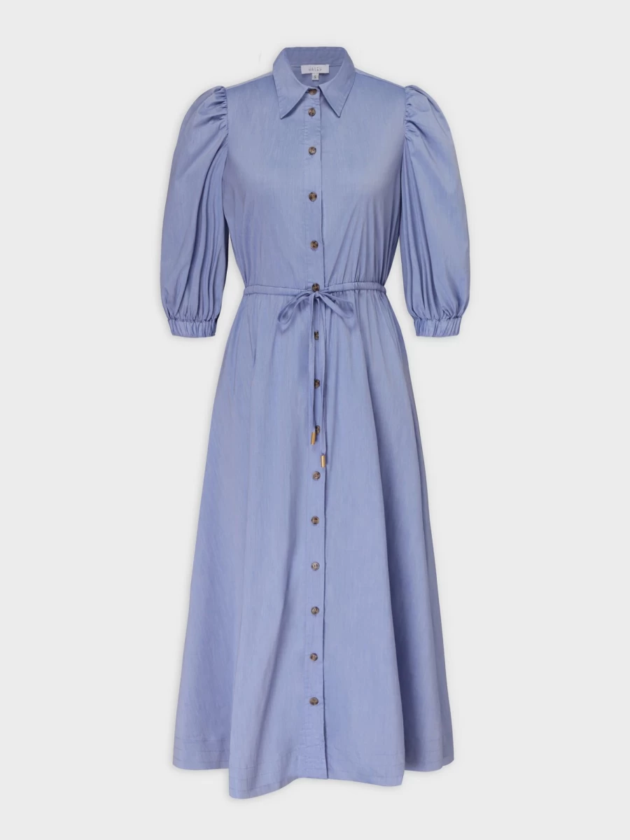 Hailey Women's Polo Puff Sleeve Dress in Chambray Blue - Casual Summer Style