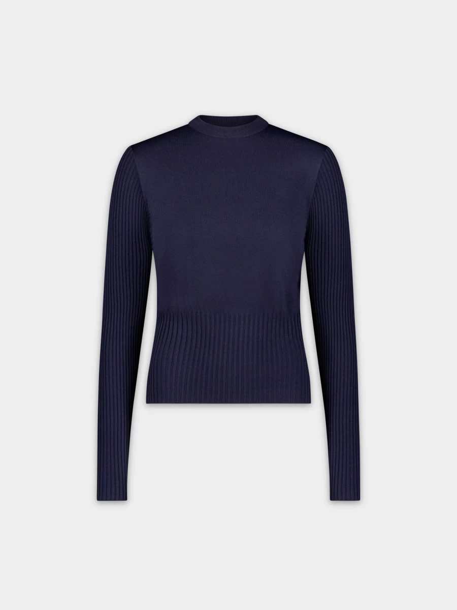 MEENA Women's Navy Ribbed Waist Sweater - Slim Fit Knit Pullover