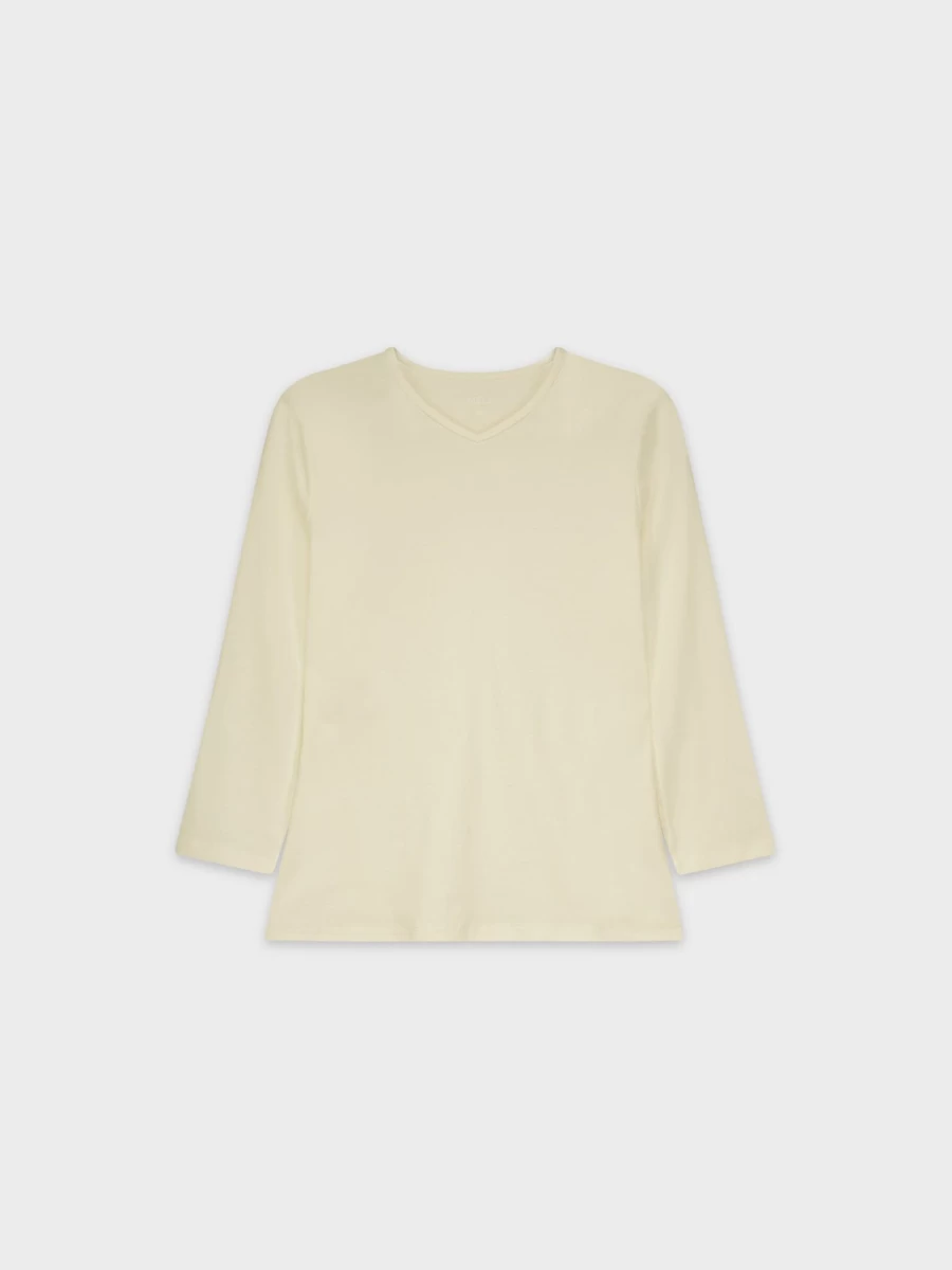 MELI Women's Basic High V-Neck T-Shirt in 3Q-Cream Color