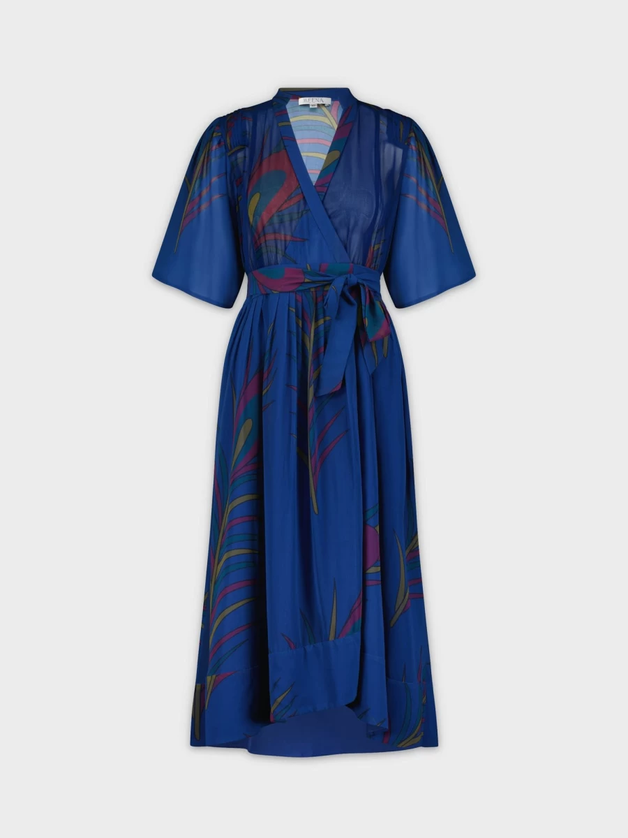 MEENA Women's Blue Wrap Leaf Print Dress Set - Elegant Boho Style Outfit