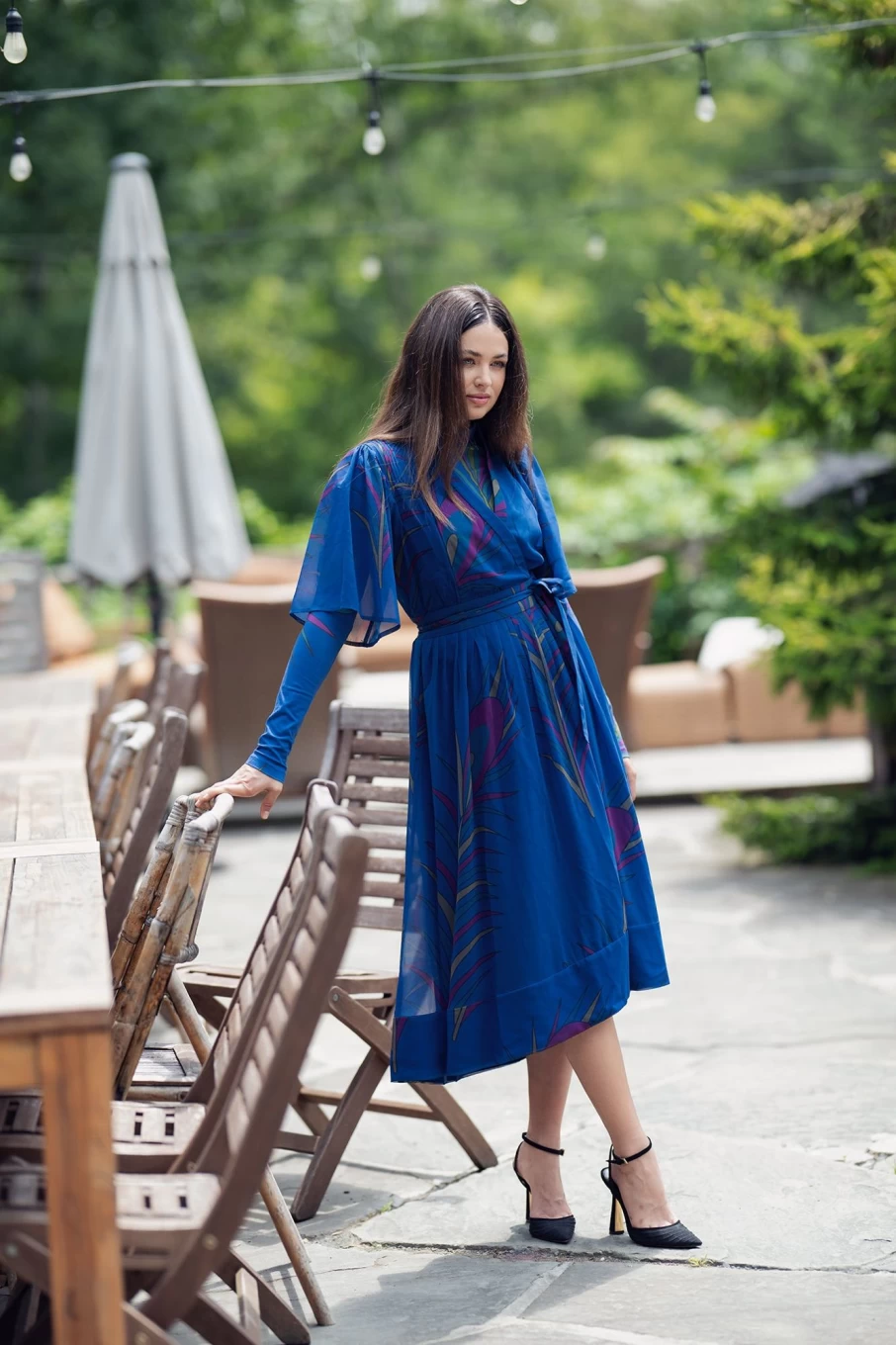 MEENA Women's Blue Wrap Leaf Print Dress Set - Elegant Boho Style Outfit