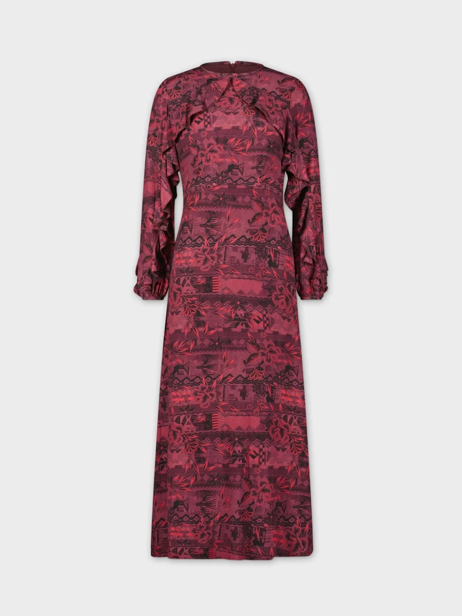 POSE Women's Maroon Ruffle Detail Dress - Elegant Floral Print Party Wear