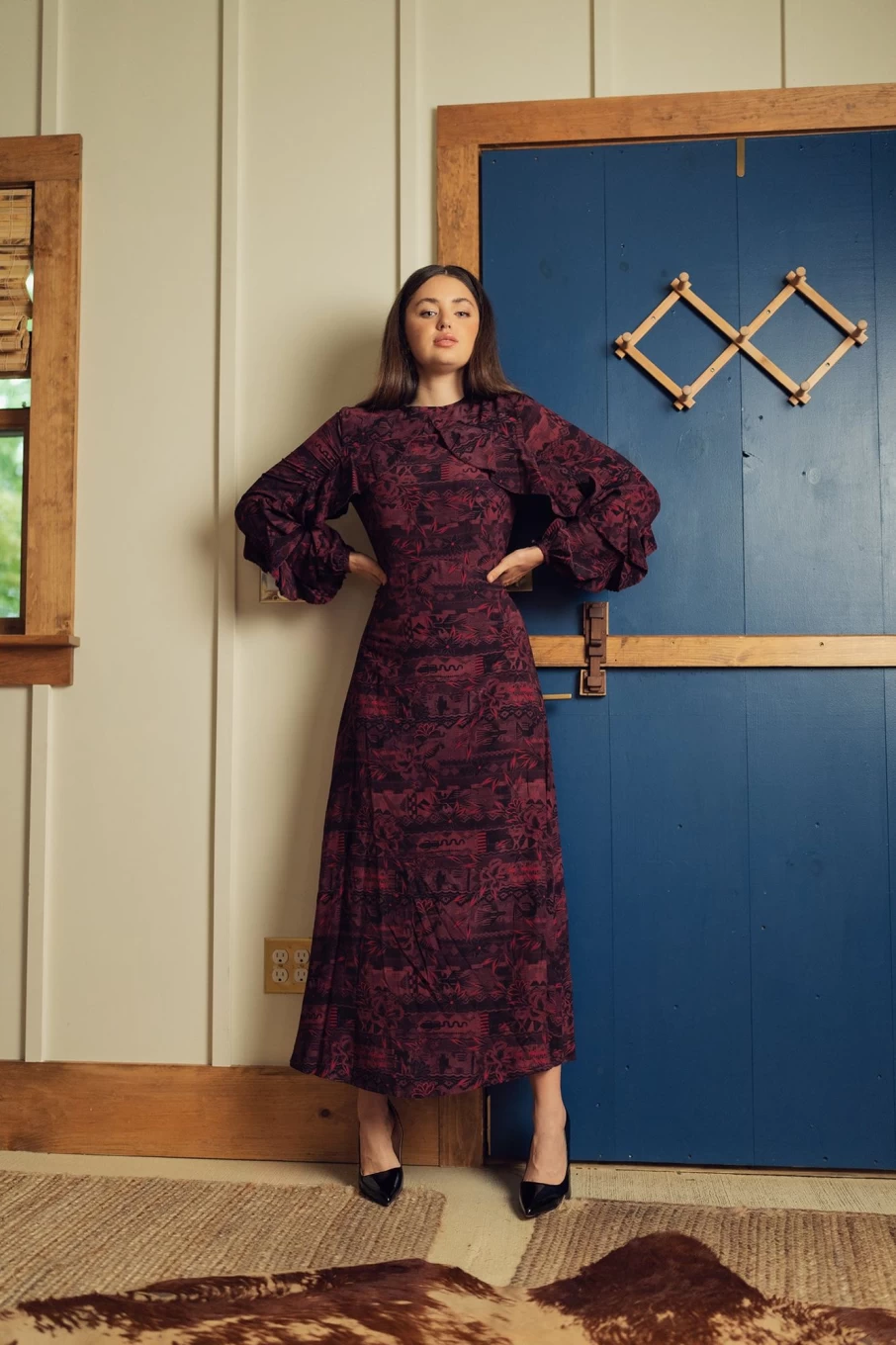 POSE Women's Maroon Ruffle Detail Dress - Elegant Floral Print Party Wear