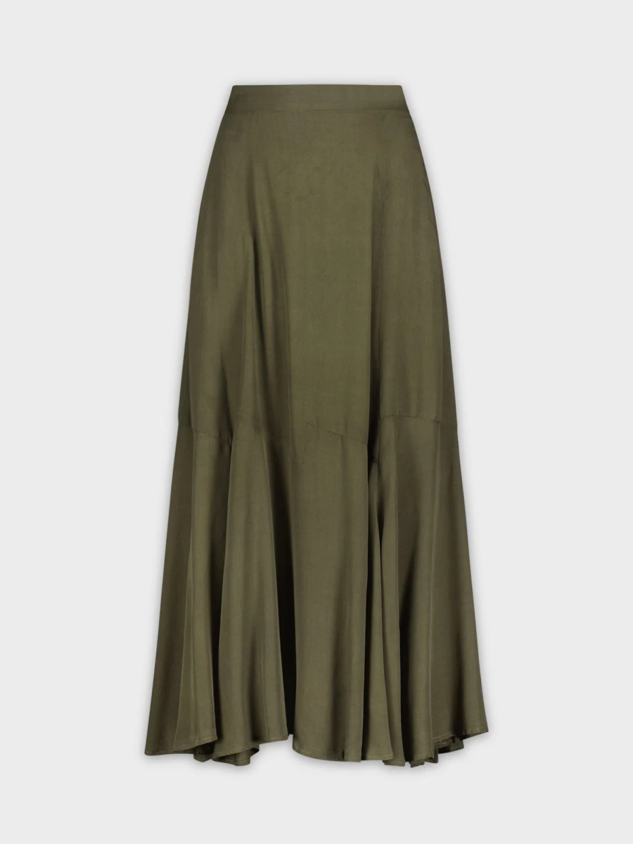 "HAILEY Women's Olive Trumpet Flare Skirt - Elegant A-Line Midi Skirt"