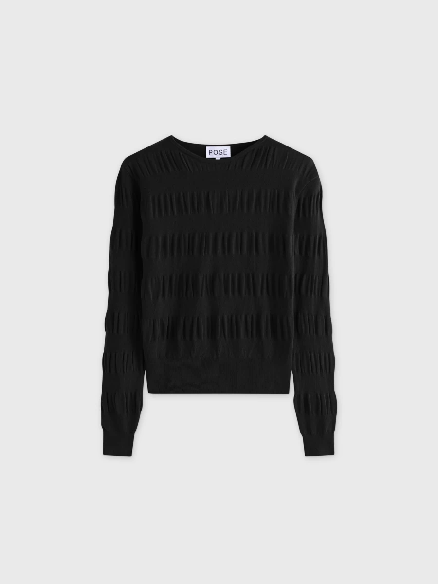 Pose Women's Ruched Black Sweater - Stylish Long Sleeve Knit Top for Fall