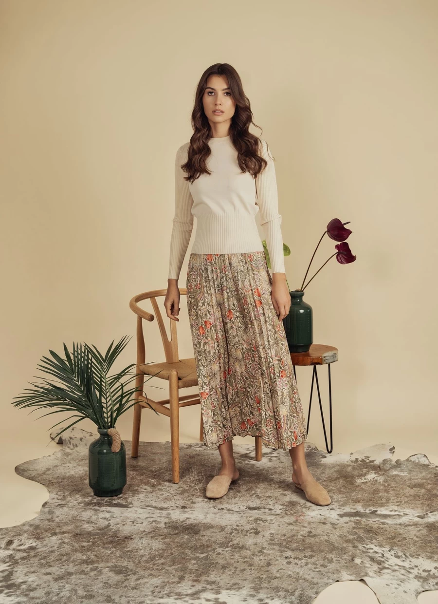 Pose Women's Antique Floral Pleated Midi Skirt with Banded Hem - 37" Length