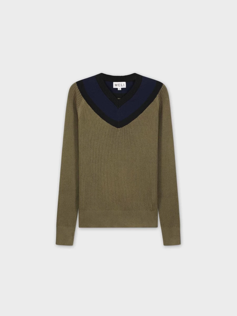 MELI Women's Olive Pointelle V-Neck Sweater - Soft Knit Pullover Top