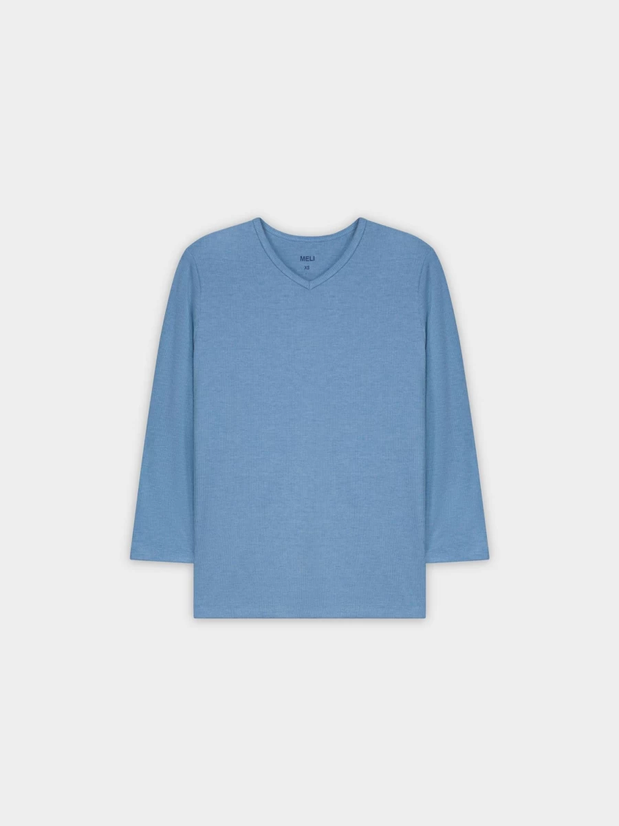 MELI Women's Ribbed High V-Neck 3/4 Sleeve Top - Heathered Blue Casual Stretch Shirt