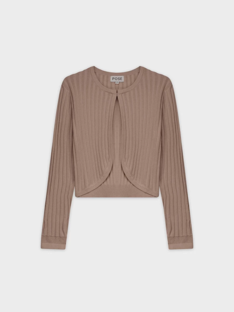 "POSE Women's Ribbed Knit Shrug Cardigan in Tan - Stylish Cropped Cover-Up"