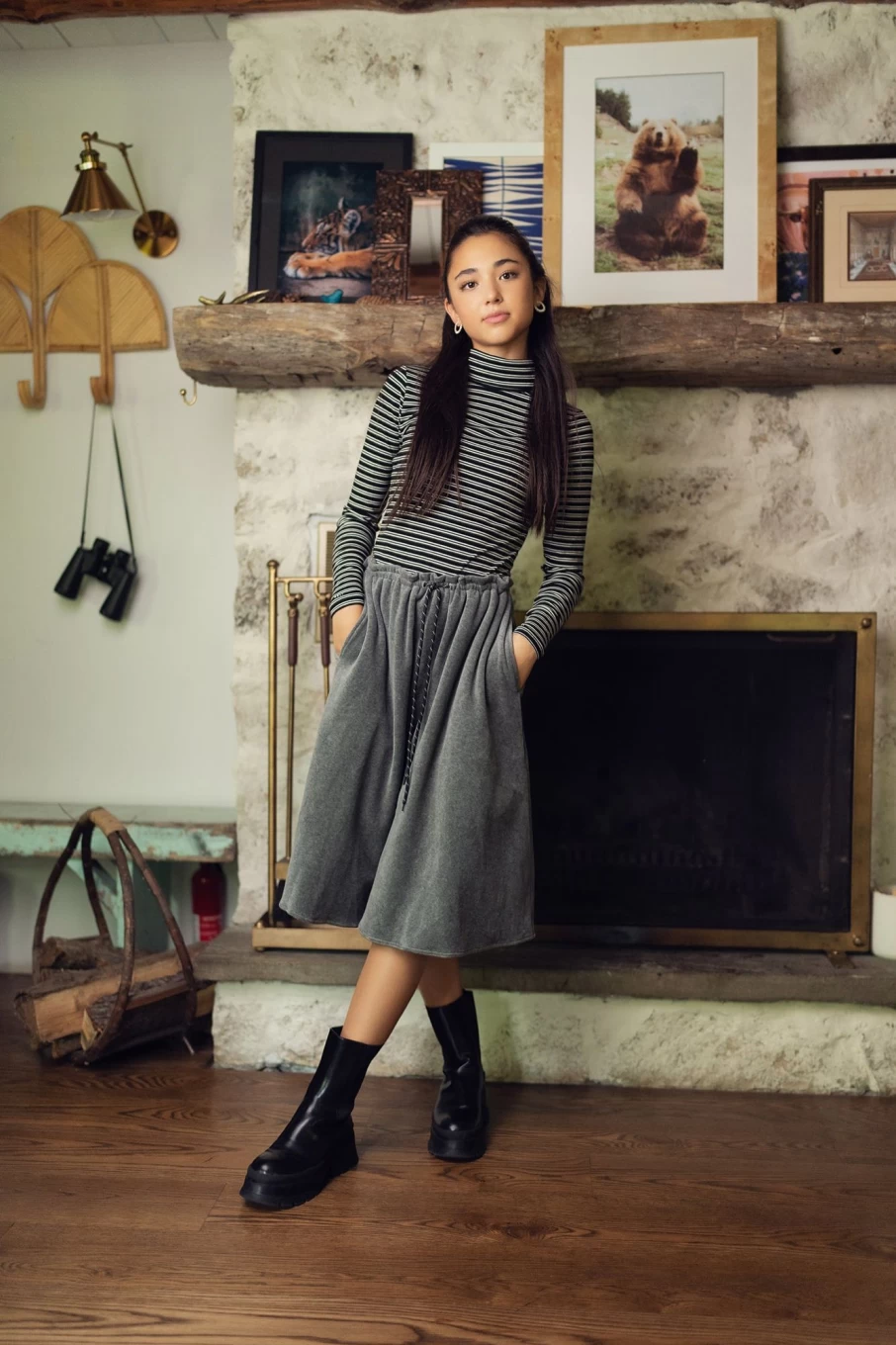 TTS Women's Grey Velour Drawstring Waist Midi Skirt - 25" Length