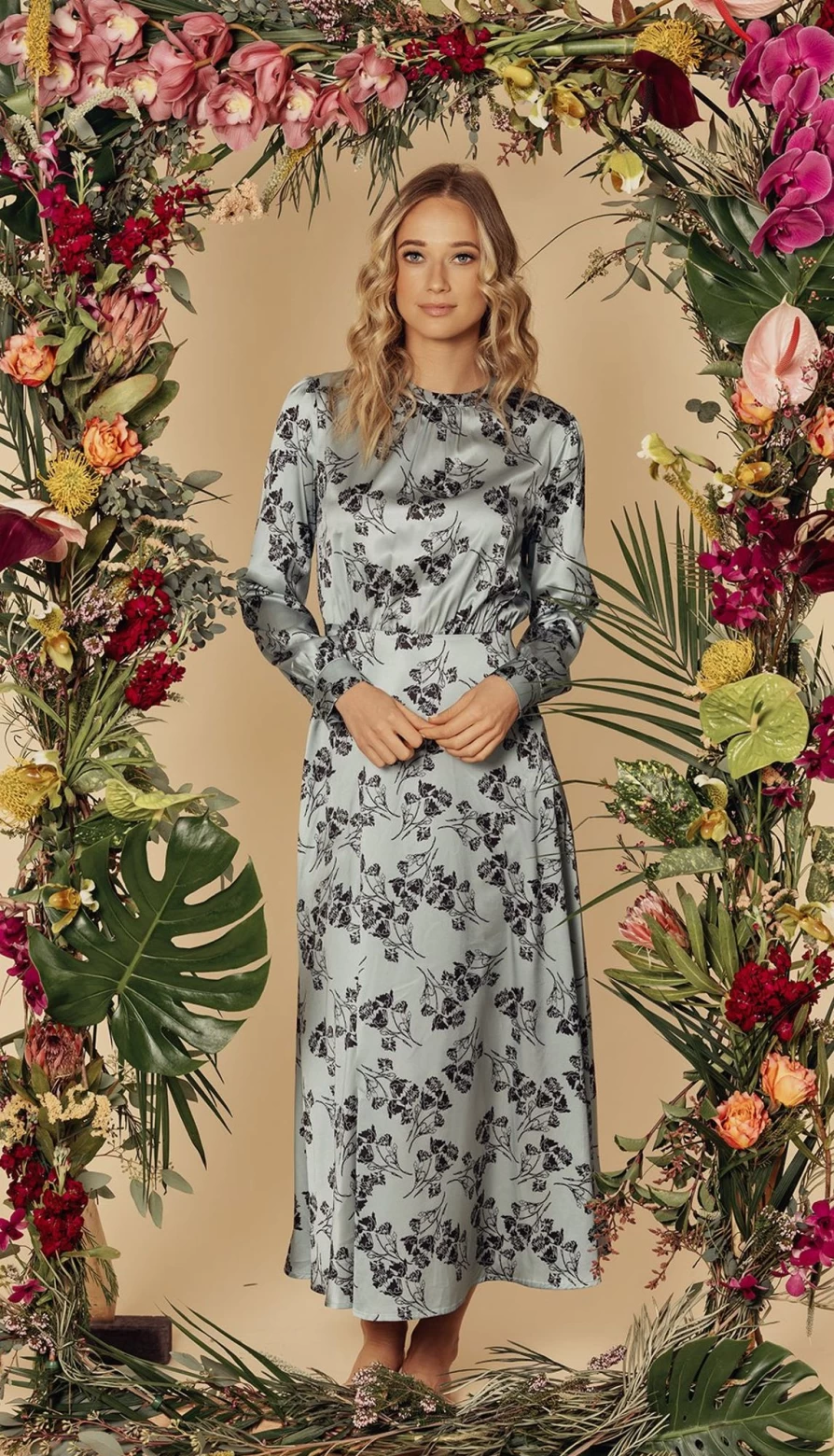 POSE Women's Aqua Floral Waisted Yolk Dress - Elegant Feminine Summer Dress