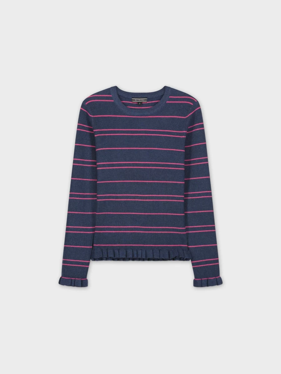 TTS Women's Ruffle Edge Sweater - Blue & Pink Cozy Knit Pullover