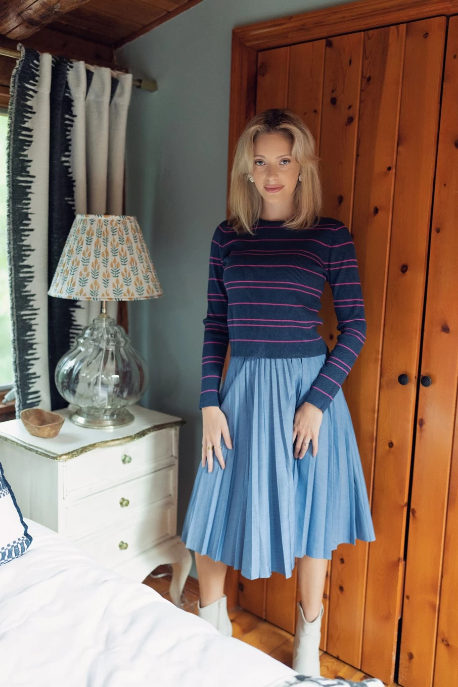 TTS Women's Ruffle Edge Sweater - Blue & Pink Cozy Knit Pullover