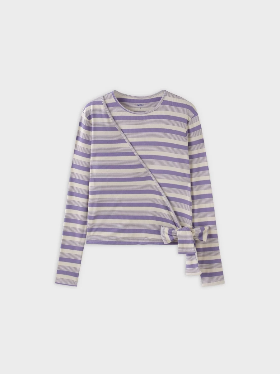 MELI Women's Striped Wrap Tee - Lavender & White Multi Stripe Casual Top