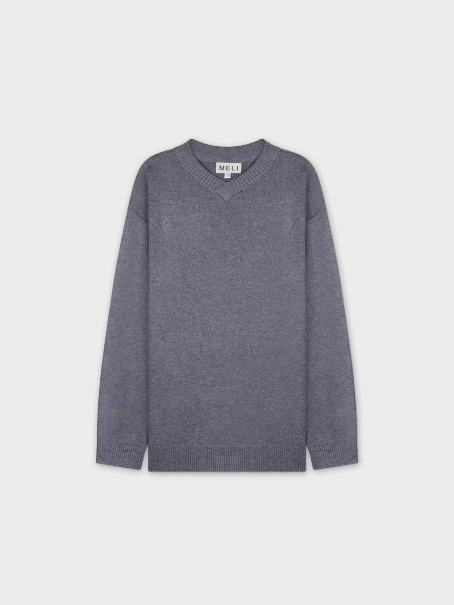 MELI Women's Oversized V-Neck Sweater in Heathered Grey - Soft Casual Pullover