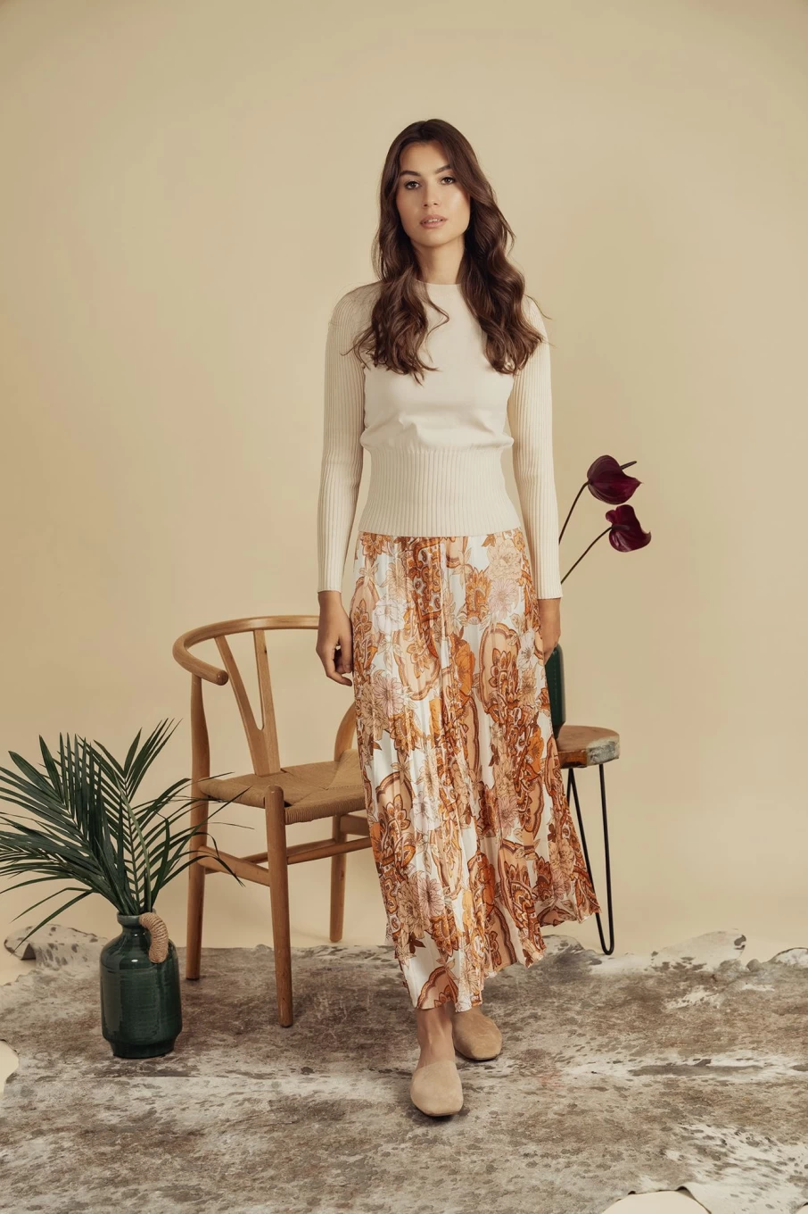 Pose Women's Neutral Floral Pleated Midi Skirt with Banded Hem - 37" Length
