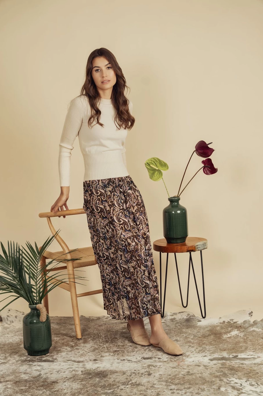 MEENA Women's Cream Ribbed Waist Detail Sweater - Soft Knit Pullover