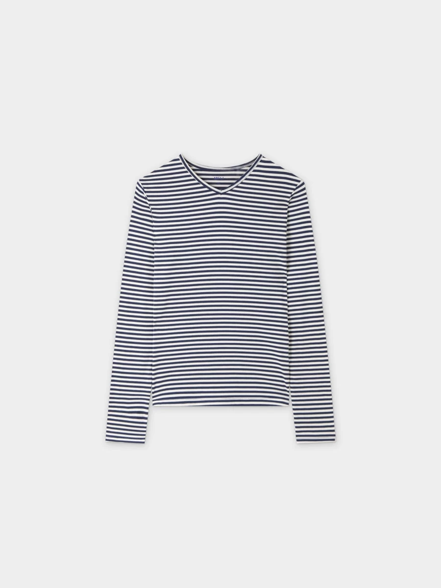 MELI Women's Thin Stripe High V-Neck T-Shirt in Cream and Navy