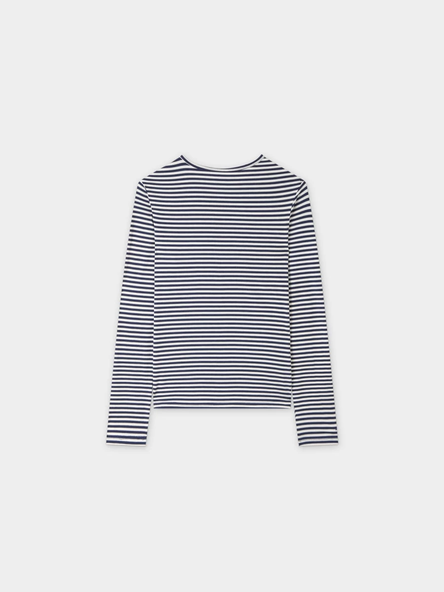 MELI Women's Thin Stripe High V-Neck T-Shirt in Cream and Navy