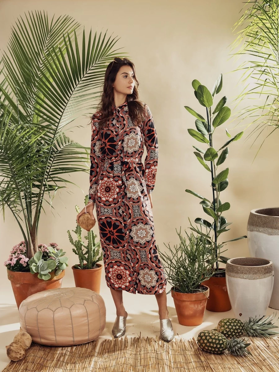 Pose Women's Long Shirtdress with Geometric Floral Print - Stylish Casual Wear